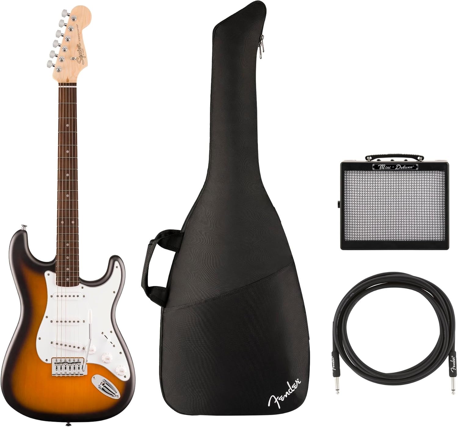 Fender Squier Debut Series Stratocaster Electric Guitar, Beginner 2-Color Sunburst With Matte Finish + Gig Bag + Mini Deluxe Amp + Cable 10 ft, Black