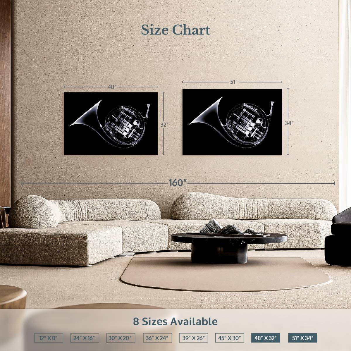 ElephantStock - French Horn X-ray Wall Art - Horizontal Canvas Wall Art - Living Room Wall Decor - Photography Music Canvas Art - Black And Gray Decor - 51