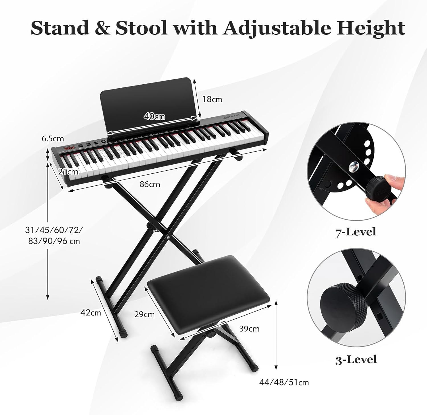 61 Key Keyboard Piano, Semi Weighted Digital Pianos with Adjustable & Folding Stand and Stool, Sustain Pedal