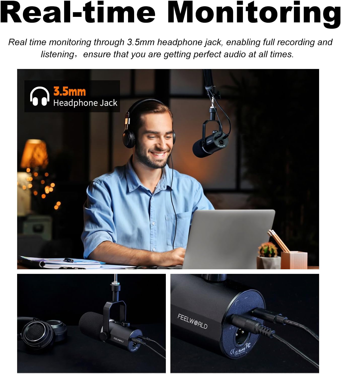 FEELWORLD PM1 XLR/USB Dynamic Metal RGB Lighting Microphone,50Hz-14kHz,XLR Output,USB-C Output,Real-time Monitoring,Multiple Function Key&Knob for Podcasting Recording Gaming Live Streaming