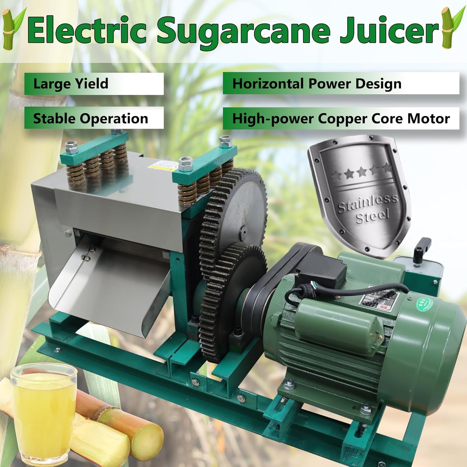 Commercial Electric Sugarcane Juicer 3-Roller Industrial Sugar Cane Press Machine 1760LBS/H High Output 220V Horizontal Stainless Steel Cane Juice Extractor Squeezer Auto Gap Adjustment
