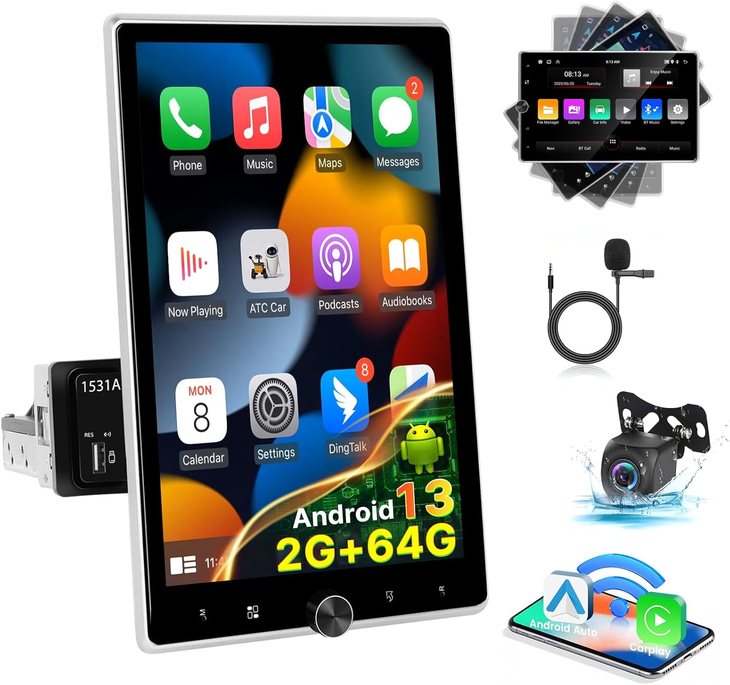 [2+64G] Android Single Din Car Stereo - 10.4 Inch Rotating Touch Screen Radio with Wireless Carplay & Android Auto, EQ, WiFi, GPS, FM RDS, Mirror Link + AHD Backup Camera & MIC