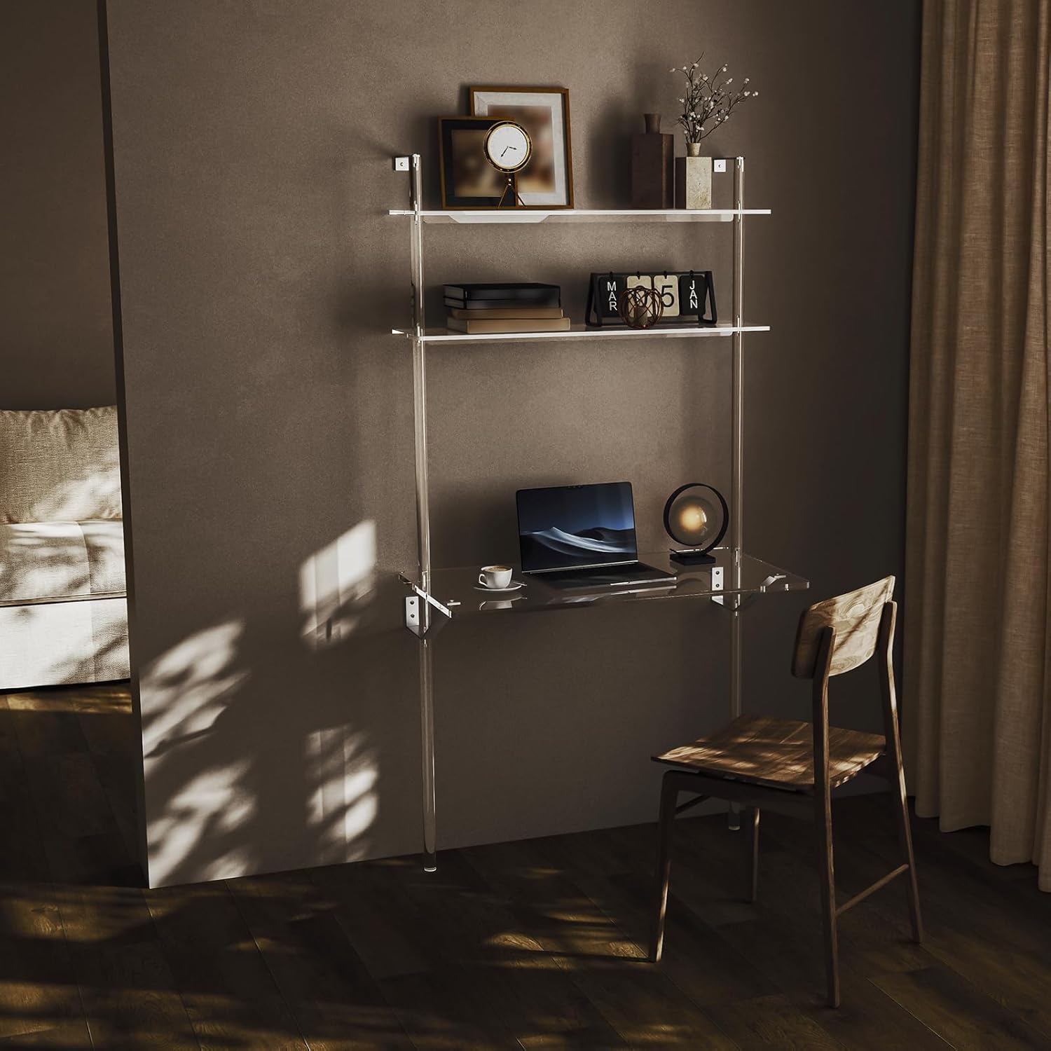 HMYHUM Acrylic Wall Mount Desk, Clear Ladder Desk with Open Shelves, Floating Desk for Laptop, Computer, Study, Writing, Vanity Table, Modern, 36