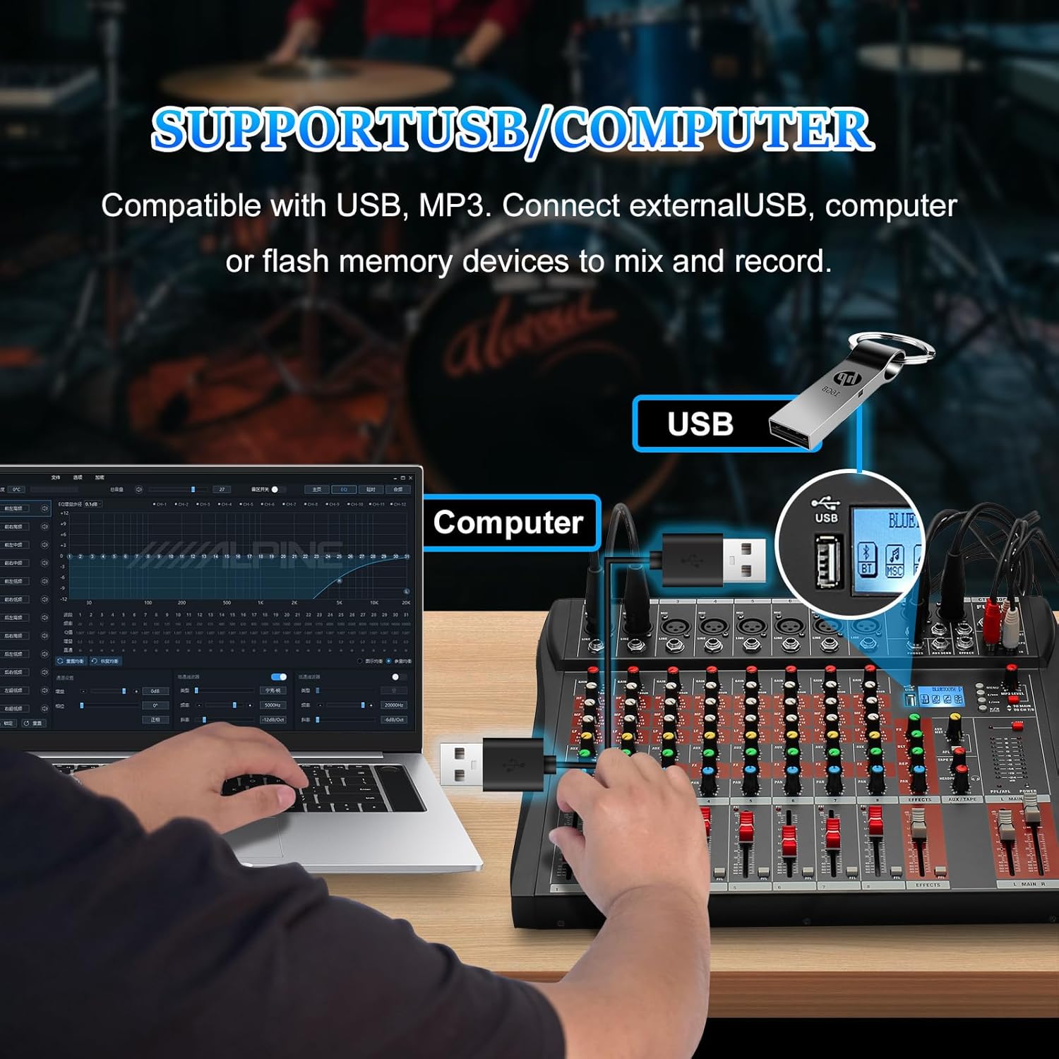 Audio Mixer 8 Channel, CT-80S Professional Sound System Mixer Board DJ Mixing Console with Reverb MP3 Player Bluetooth 48V Phantom Power Supply USB Recording for Studio Karaoke Live Music