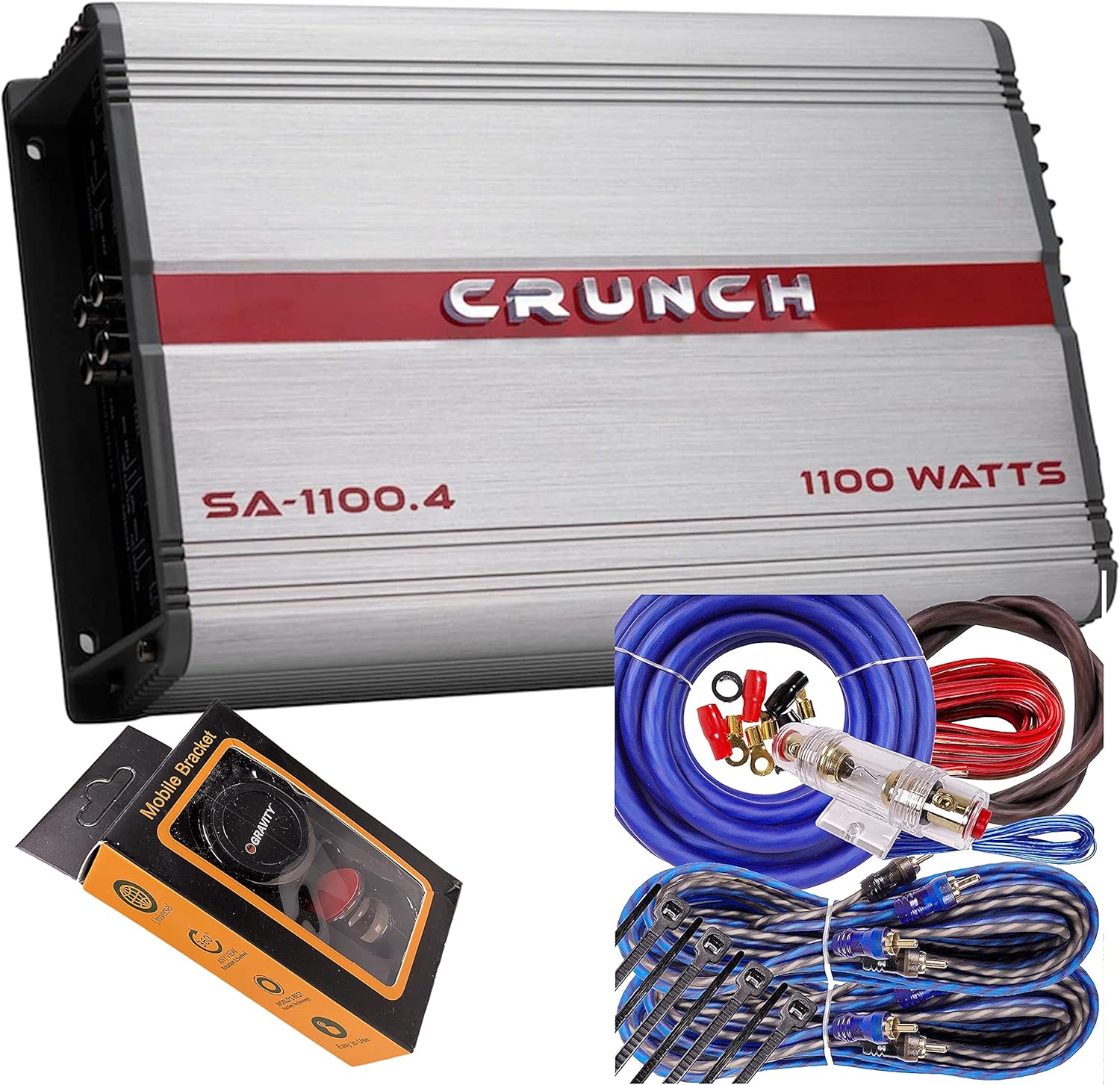 Crunch SA-1100.4 Smash Series 1,100-Watt 4-Channel Class AB Amp Car Audio Sound System Subwoofer Speaker Amp Amplifier with Gravity Magnet Phone Holder and 4 Gauge Kit Blue Bundle