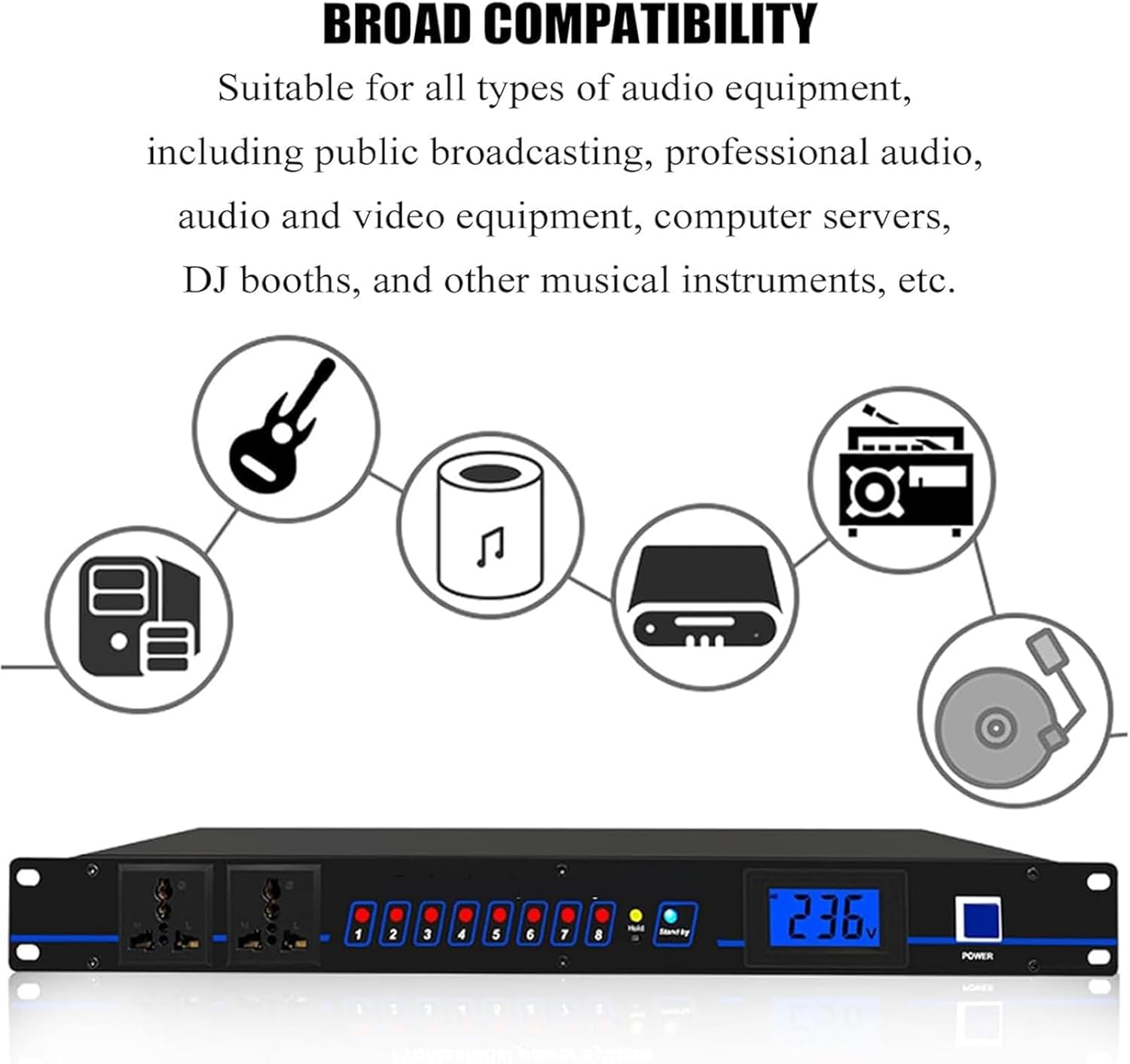 Home Audio Equalizer, Stereo Equalizer Real Time Frequency Level Display, Forward and Reverse Time Switch & 8＋2-Way Power Output, Real-Time Frequency Level Display for DJ Stations