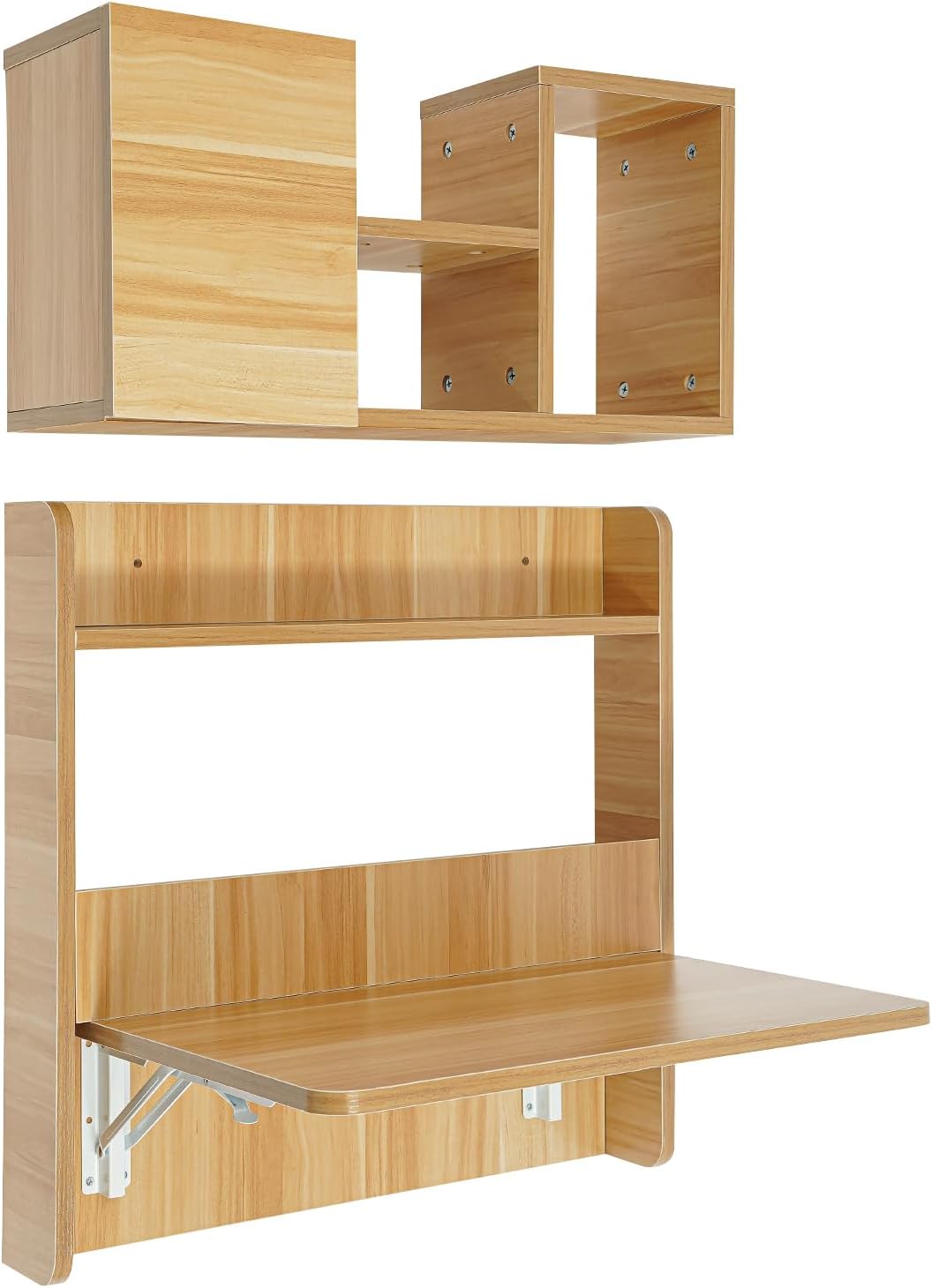 Wall Mounted Desk & Bookshelf, Folding Space Saving Wall Mounted Table with Storage Compart Space, Fold Down Laptop Desk for Home Office (Light Walnut Color)
