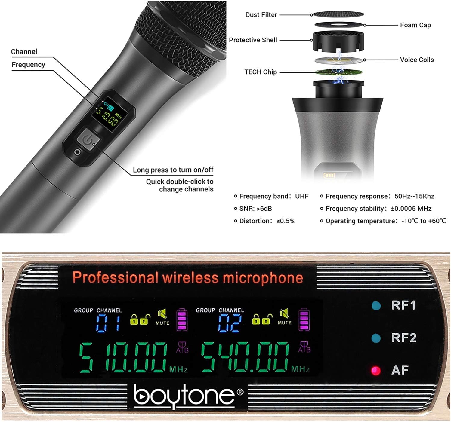 Boytone Dual Fixed Dynamic UHF Wireless Microphone System, Metal Microphone and Base, up to 260 FT(BT-54UM)