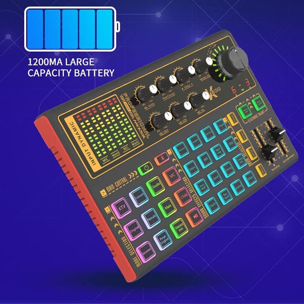 Sound Mixer Board, LED Light Voice Changer Sound Card with 20 Sound Effects, Audio Mixer for Music Recording Live Broadcast on Cell Phone Computer