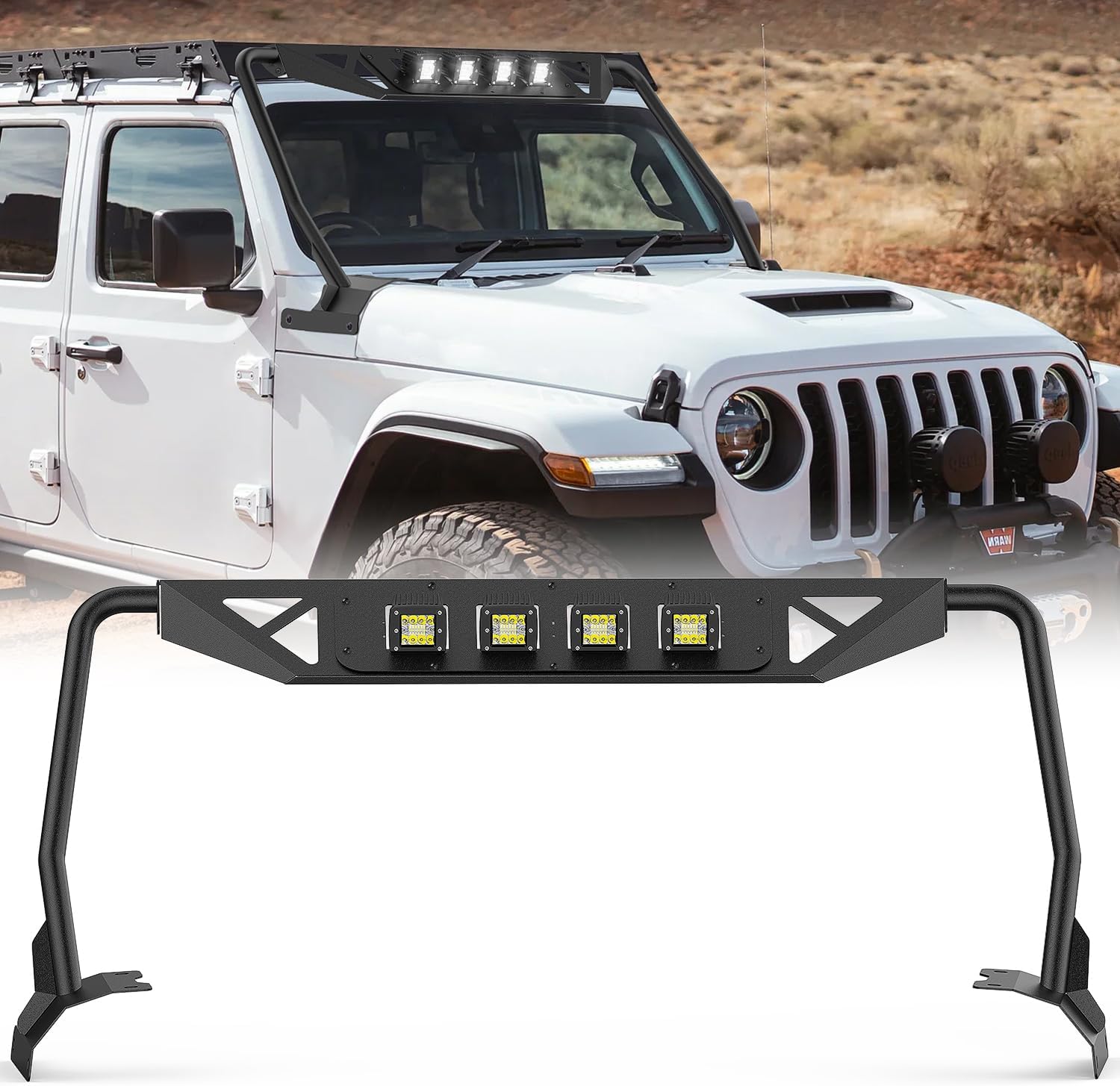 Nilight Windshield Frame Cover with 4 x LED Lights Insert Roof Sun Visor Cowl Body Armor Compatible with 2018-2025 Jeep Wrangler JL JLU & Gladiator JT (Excluding JL 4xe & JT Mojave)