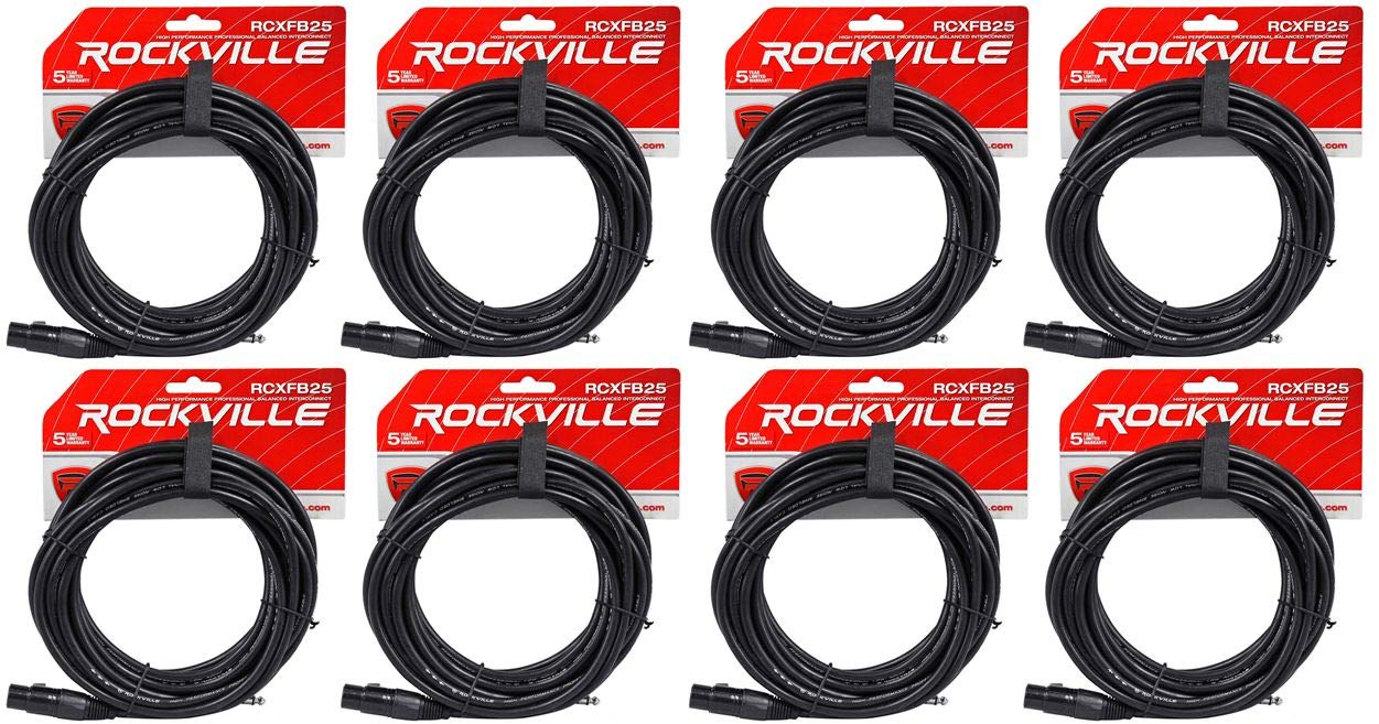 Rockville (8 RCXFB25B 25' Female REAN XLR to 1/4'' TRS Cables Black 100% Copper