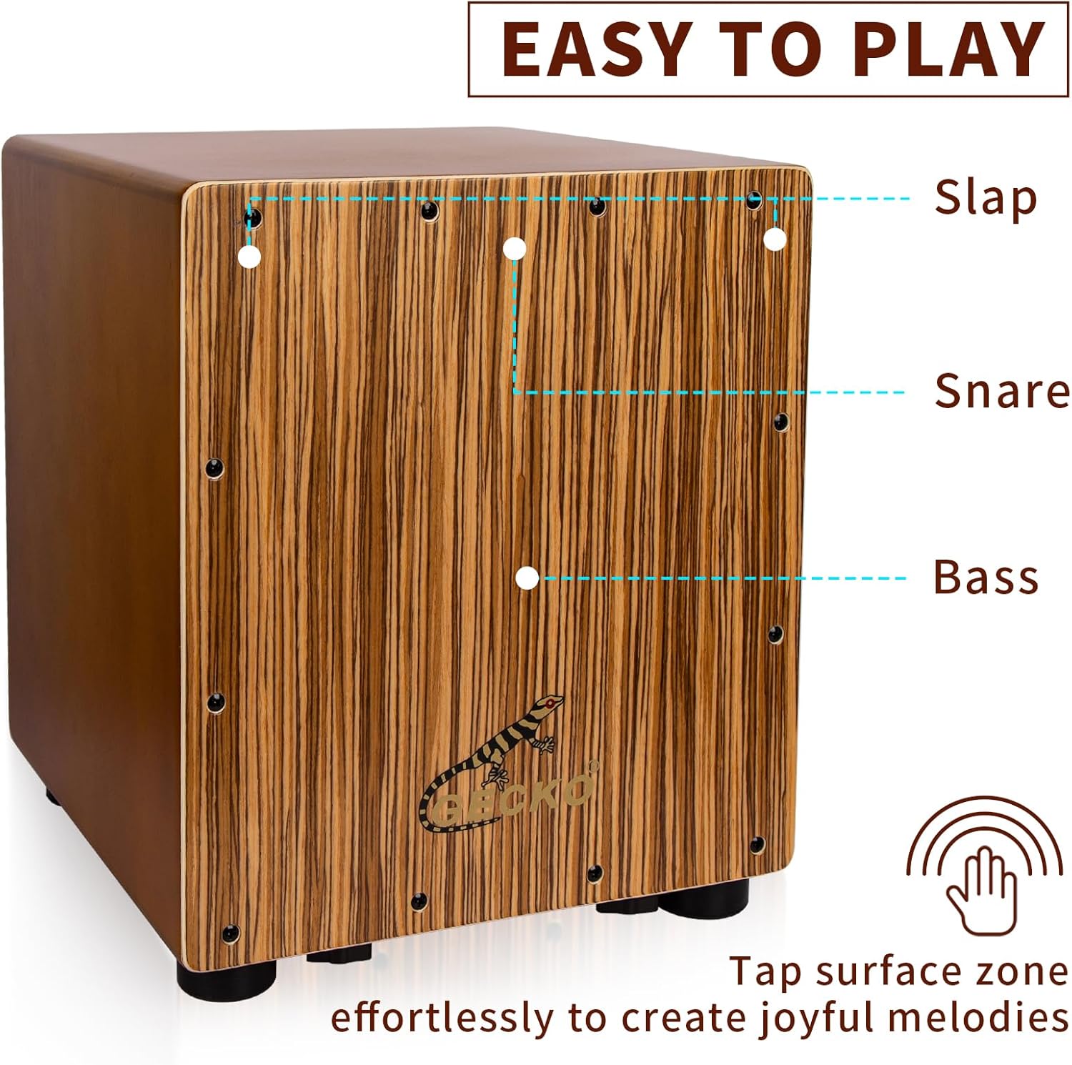 GECKO Cajon Drum Box with Tool-Free Adjustable Guitar Strings, Snare and Bass Tones | 12.6