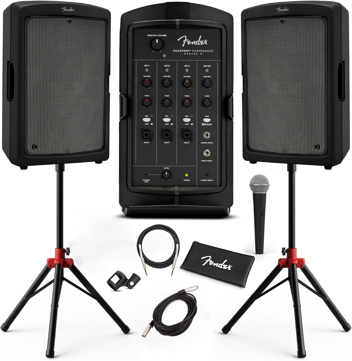 Fender Passport Conference S2 Portable PA System Bundle with Microphone Kit, Compact Speaker Stands, and Instrument Cable