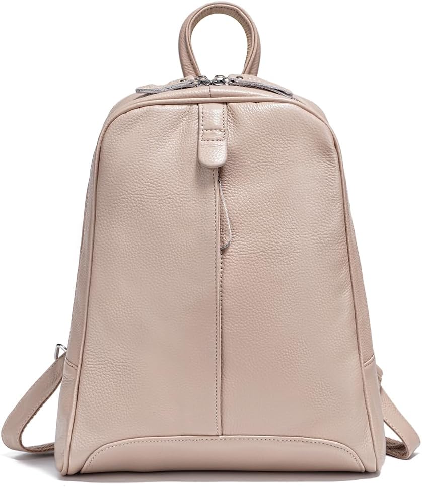 Simple Genuine Leather Backpack Women Laptop Casual Knapsack Ladies Travel Bag Apricot Color