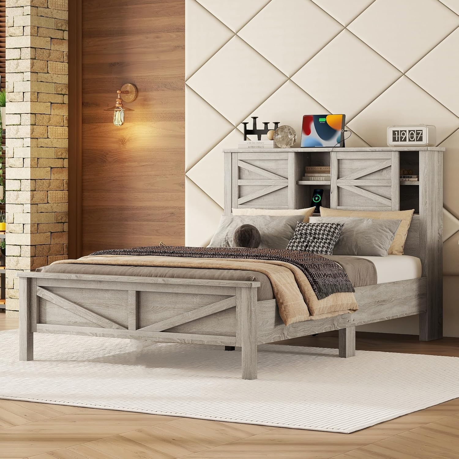 Farmhouse Bed Frame with Storage Headboard and Charging Station, Wood Queen Bed Frame with Sliding Doors, Farmhouse Platform Bed with USB Ports Antique Gray (Product H)