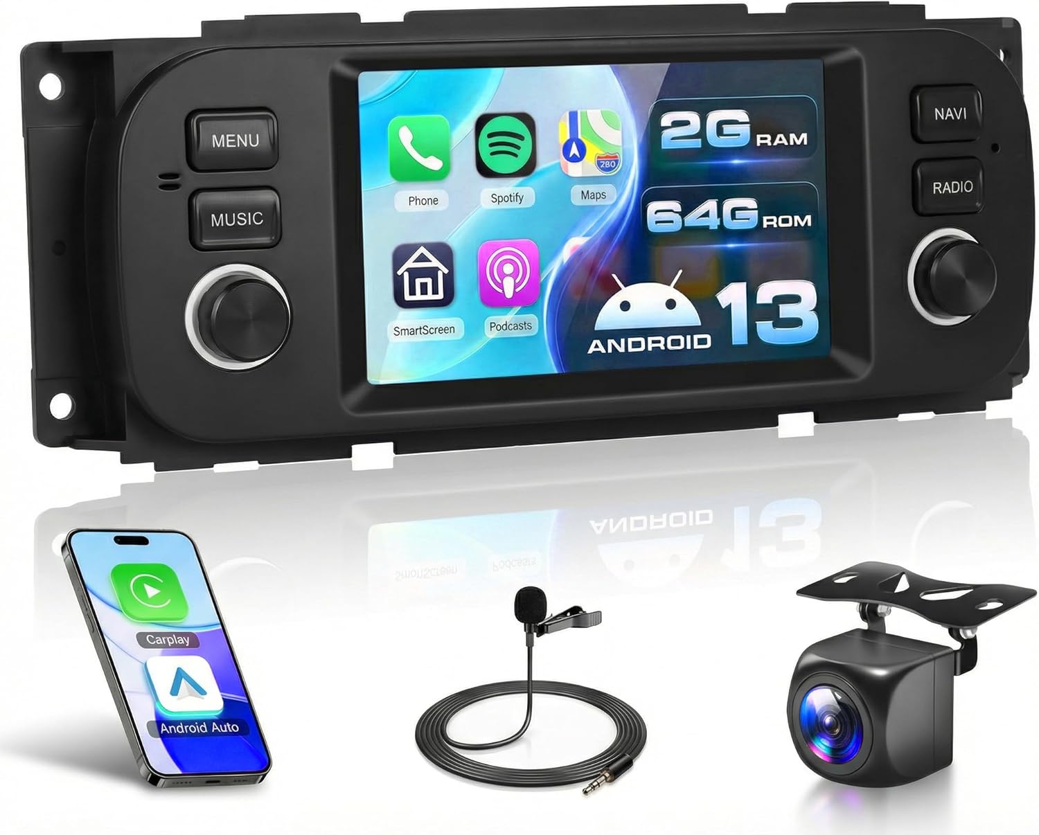 2G+64G Car Radio Stereo for Chrysler Dodge Jeep Wrangler Grand Cherokee with Wireless CarPlay/Android Auto, 5 Inch HD Touch Screen Android 13 GPS WiFi Bluetooth FM/RDS EQ HD Backup Camera