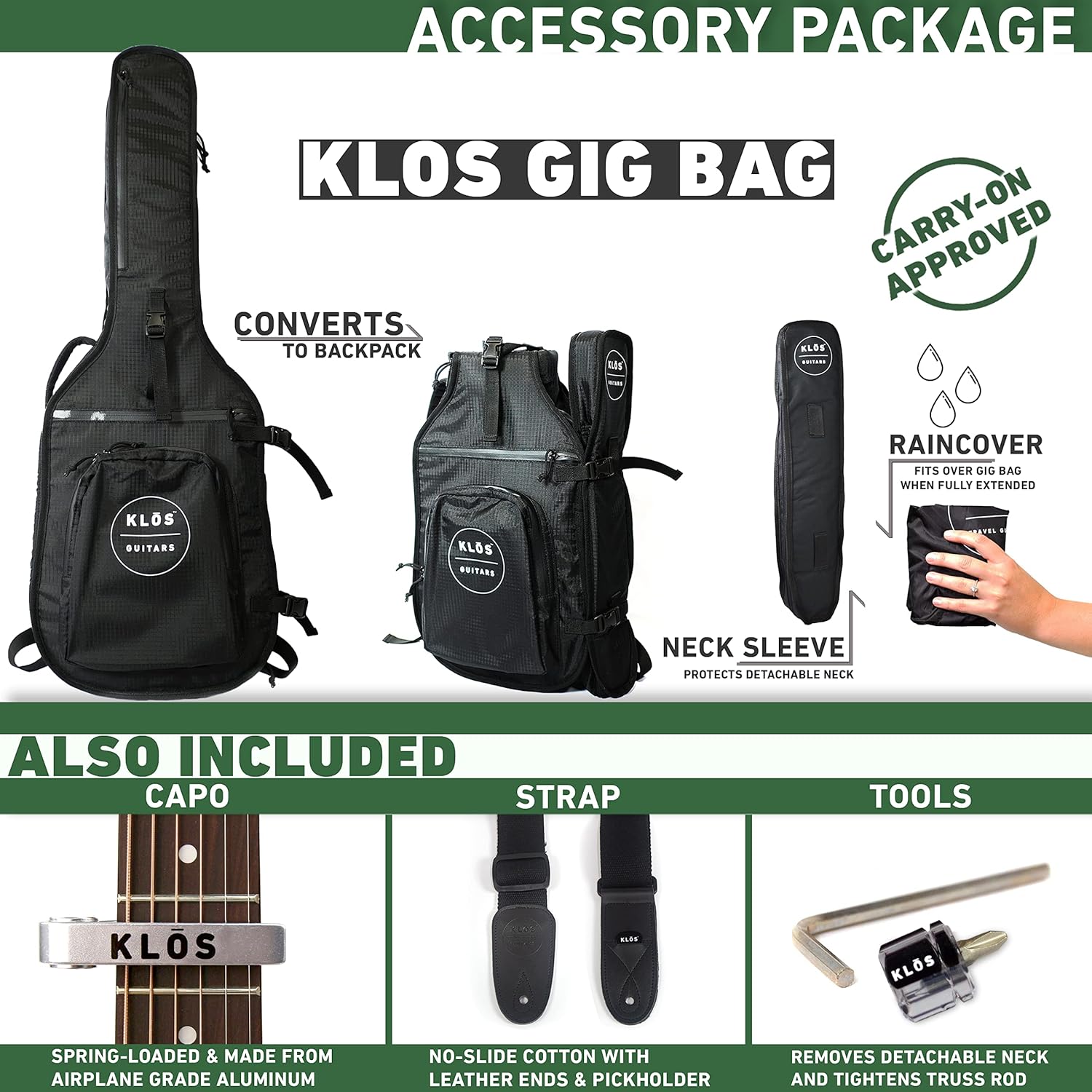KLOS Travel Guitar, Durable Carbon Fiber Acoustic Electric Guitar - Black with Gig Bag, Capo and more