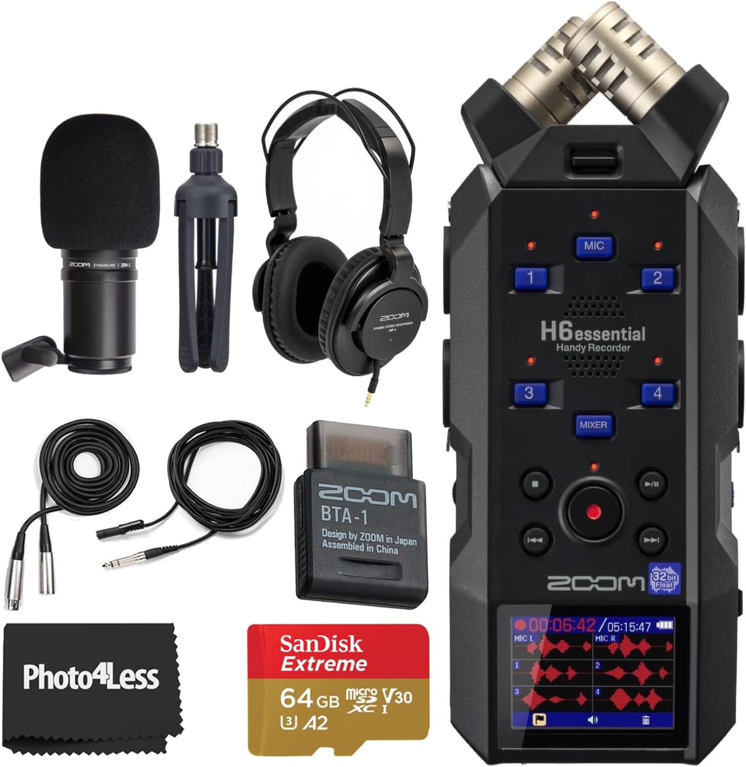 Zoom H6essential with 32-Bit Float, Accessibility, 6-Track Portable Recorder, Stereo Microphones, 4 XLR/TRS Inputs, Records to SD Card, USB Audio Interface, for Musicians, Podcasters, Filmmakers