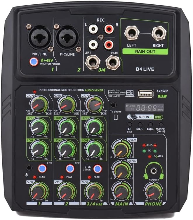4-Channel Audio Mixer Mixing Console LED Screen Built-in Soundcard USB BT Connection with 2-Band EQ Gain Delay
