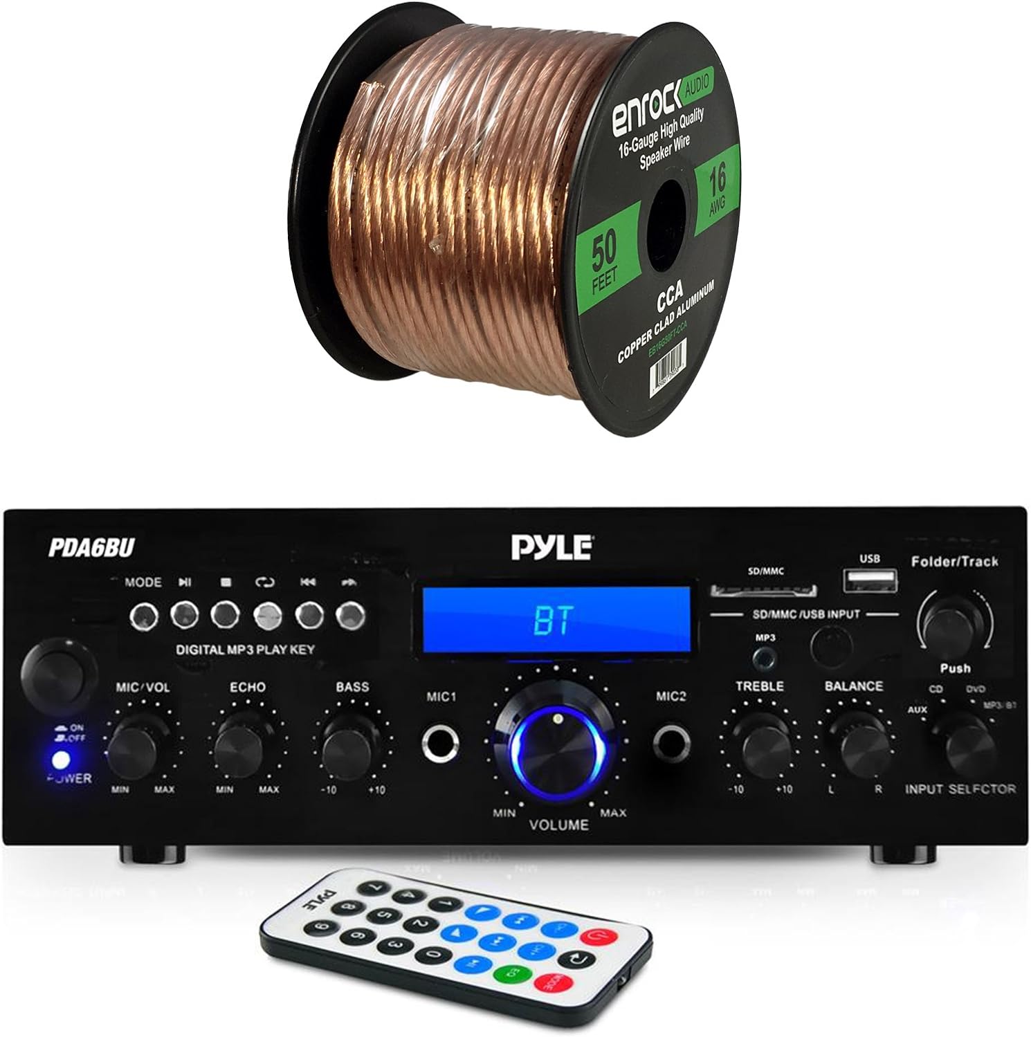 Pyle PDA6BU Amplifier Receiver Stereo, Bluetooth, AM/FM Radio, USB Flash Reader, Aux input (3.5mm) LCD Display, 200 Watt - Bundle With Enrock 50ft 16g Speaker Wire
