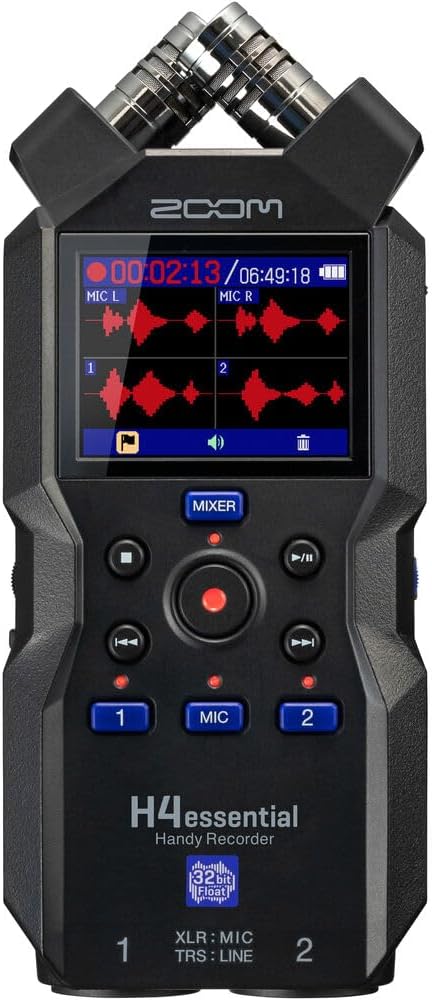 Zoom H4essential 4-Track 32-Bit Float Portable Audio Recorder + Zoom ZDM-1 Podcast Mic Pack + P- Bank Battery + USB Card Reader, SD/microSD + 10ft USB Type A to USB Type C cable - Black + More