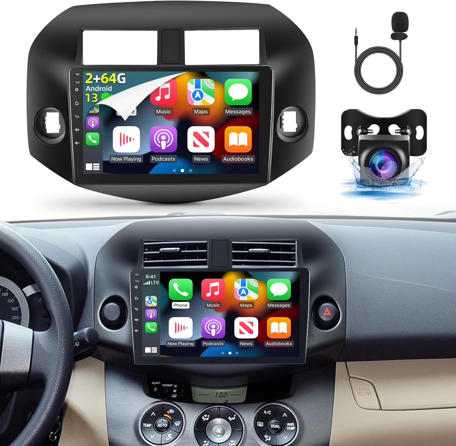 [2G+64G] Car Radio for Toyota RAV4 2007 2008 2009 2010 2011 2012, Android 13 Touch Screen RAV4 Stereo, Carplay/Android Auto/EQ Audio/1080P/SWC/Bluetooth