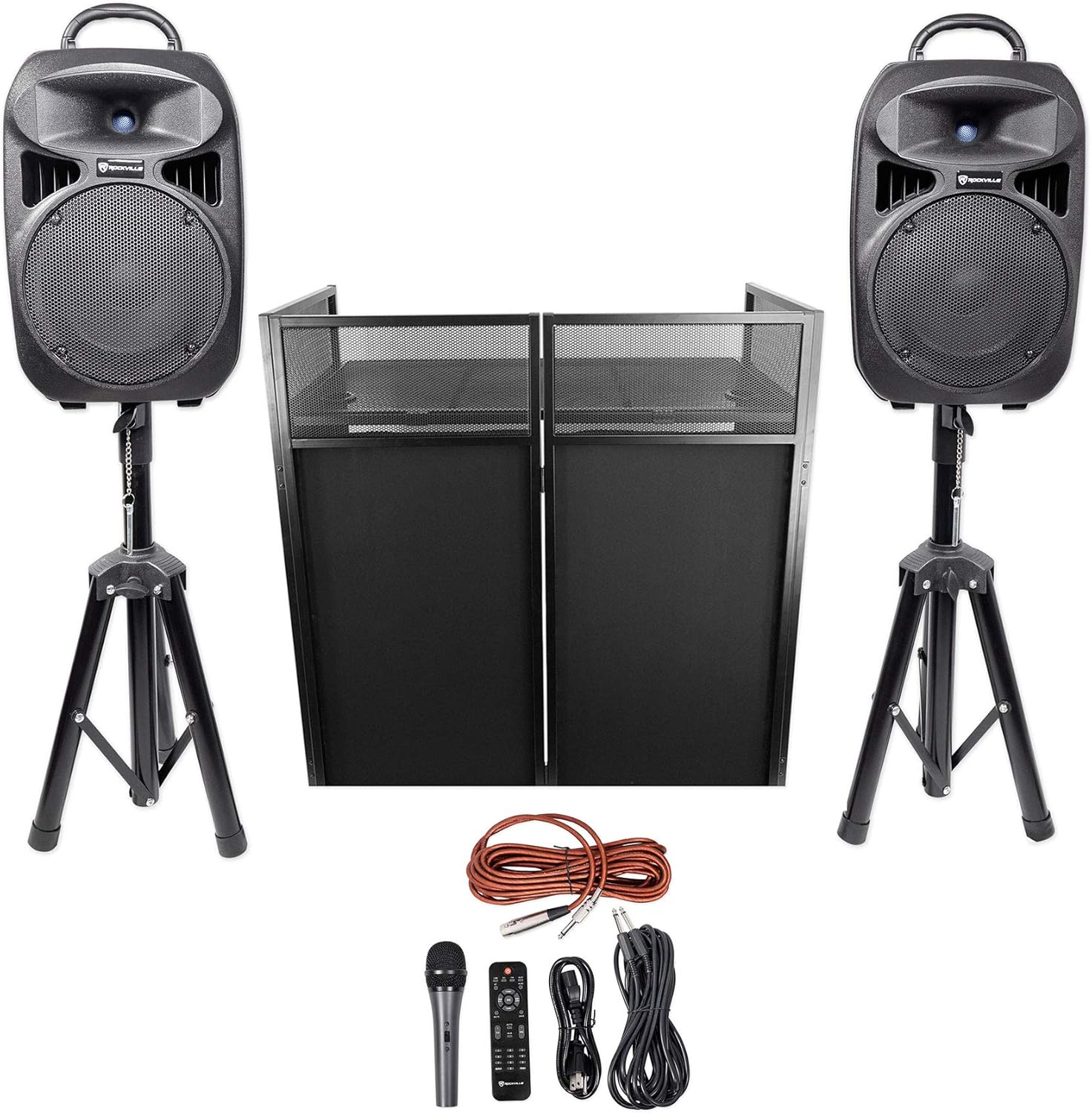 Rockville RPG082K Bundle: Dual 8 in Powered PA Speakers with Bluetooth, Mic, Stands, and Cables, ROCKBOOTH DJ Event Facade with Table, Bag, and Scrims, 2-Items