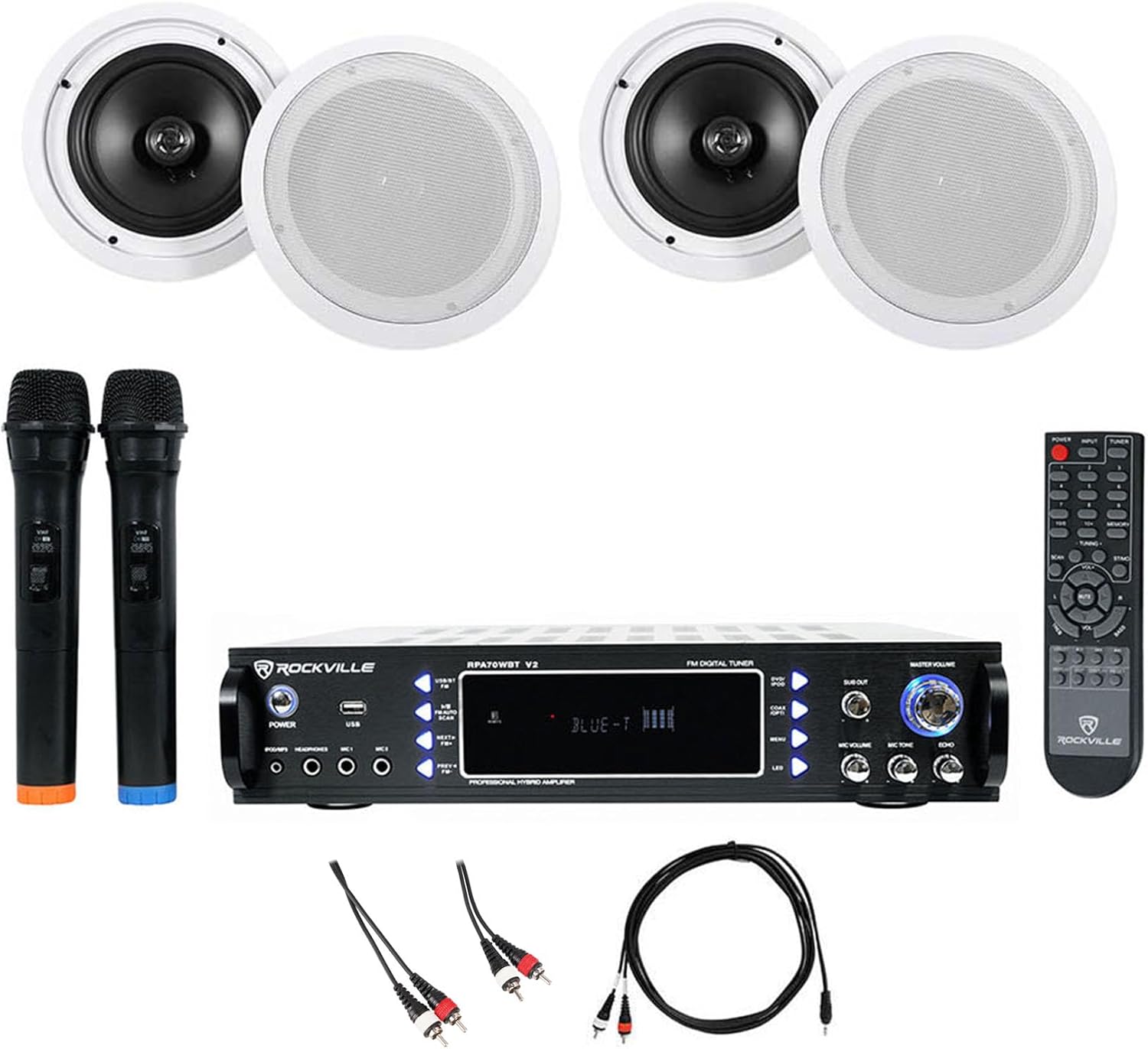 Rockville RPA70WBT V2 Bundle: 1000 W USB Bluetooth Amplifier/Mixer, with 2 mics, (2) Pair of HC85 8