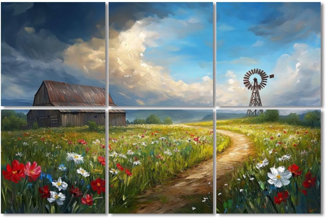 6 Pack Art Acoustic Panels Sound Absorbing Rustic Farmhouse Wooden Country Meadow Landscape Blue Sky Wild Flowers Decorative Soundproof Wall Panels Self Adhesive for Recording Studios Office 72