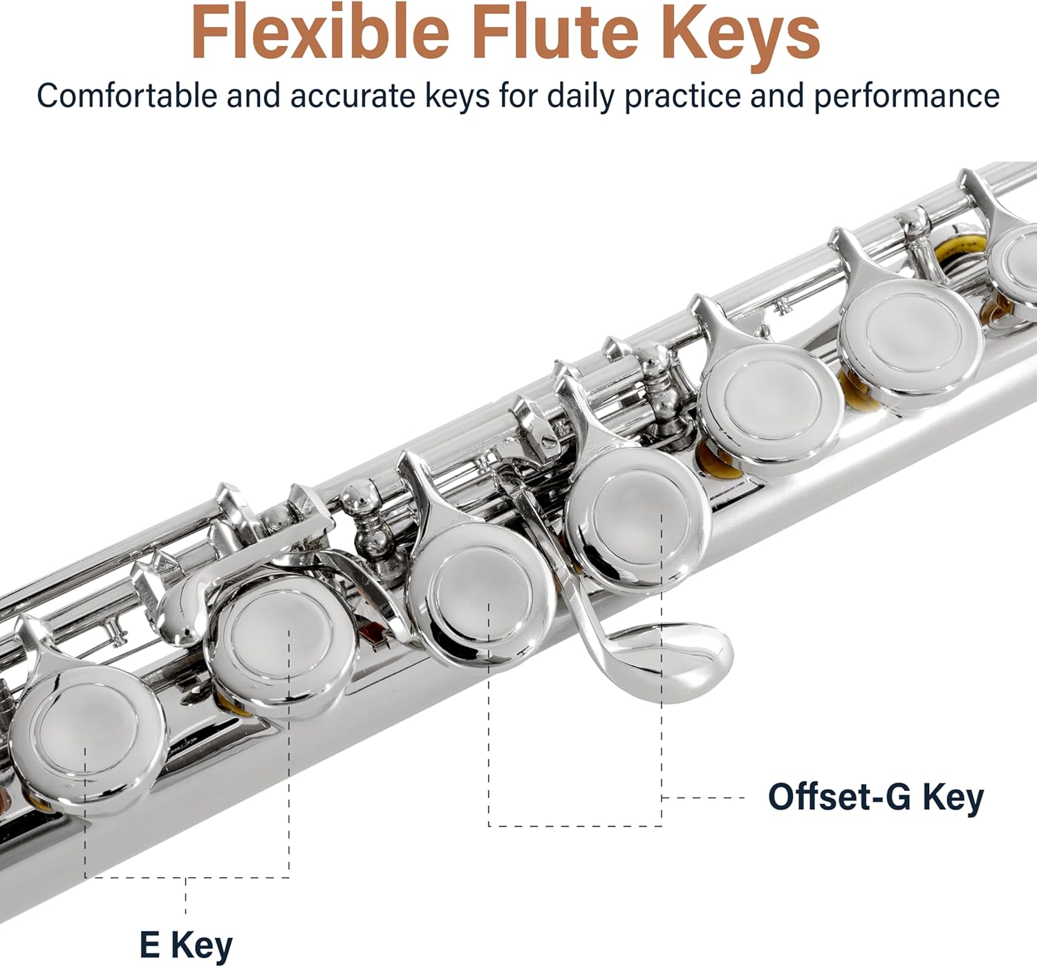 Mendini By Cecilio Flute, 16 Keys C Flute Instrument Closed Hole For Beginners with Carrying Case, Cork Grease, Stand, Lesson Book, Cleaning Kit, Gloves (Nickel)