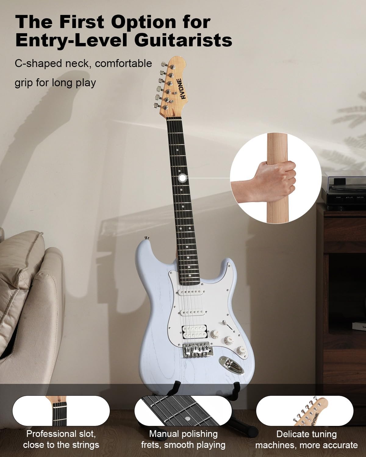 RST-150 39”Beginner Electric Guitar Kit with Amplifier, Classic HSS Pickup, Electric Guitar with Gig Bag, Capo, Strap, Extra Strings, Digital Tuner, 3 Picks, Cleaning Cloths (1-Blue)