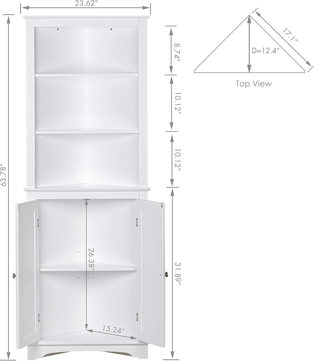 Spirich Tall Corner Cabinet with Doors and Shelves, Freestanding Corner Storage Cabinet for Bathroom, Kitchen, Living Room, White