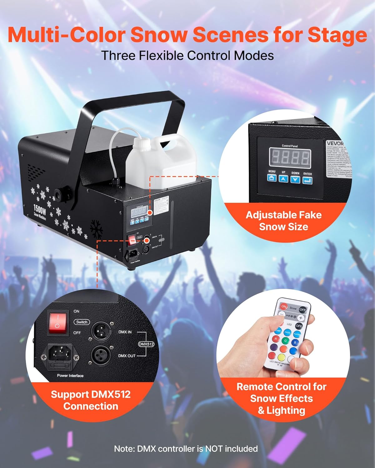 VEVOR 1500W Snow Machine with RGB DMX512 Signal Control, 9 LED Lights, Wireless Remote, High Output Snowflake Machine with 5L Tank, Portable DJ Stage Snow Maker for Christmas Parties Stage Effects