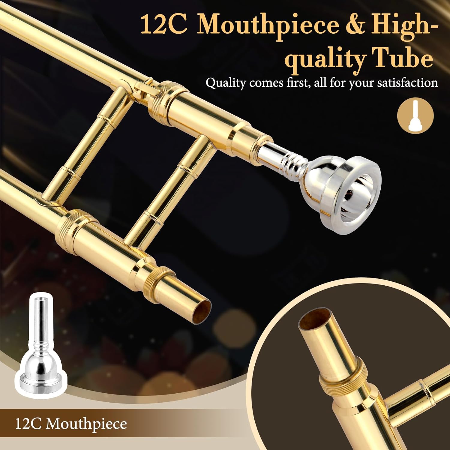 Ktaxon B Flat Tenor Trombone with Mouthpiece, Brass Slide Bb Trombones for Beginners, Portable Instrument Includes Cleaning Cloth, Gloves and Trombone Case (Golden)