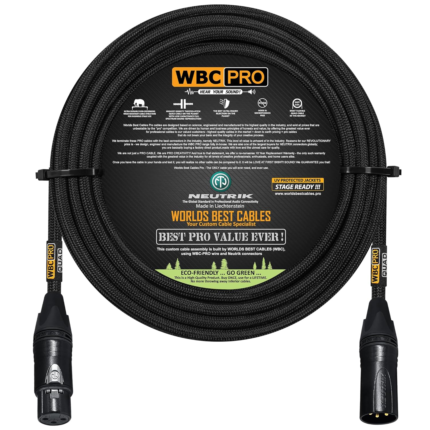 150 Foot - WBC-PRO-Quad Ultra-Silent Ultra-Flexible Balanced Star-Quad Cable with Neutrik Male & Female XLR Plugs & Black Tweed Jacket