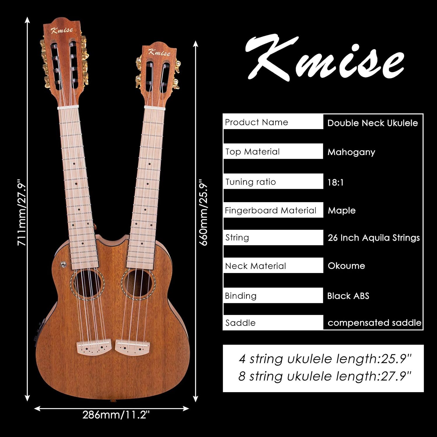 Double Neck/Headstock Ukulele,Kmise Electric Tenor Ukulele,Custom Made Ukelele for Professionals,4&8 String Mahogany Instrument with Gig Bag