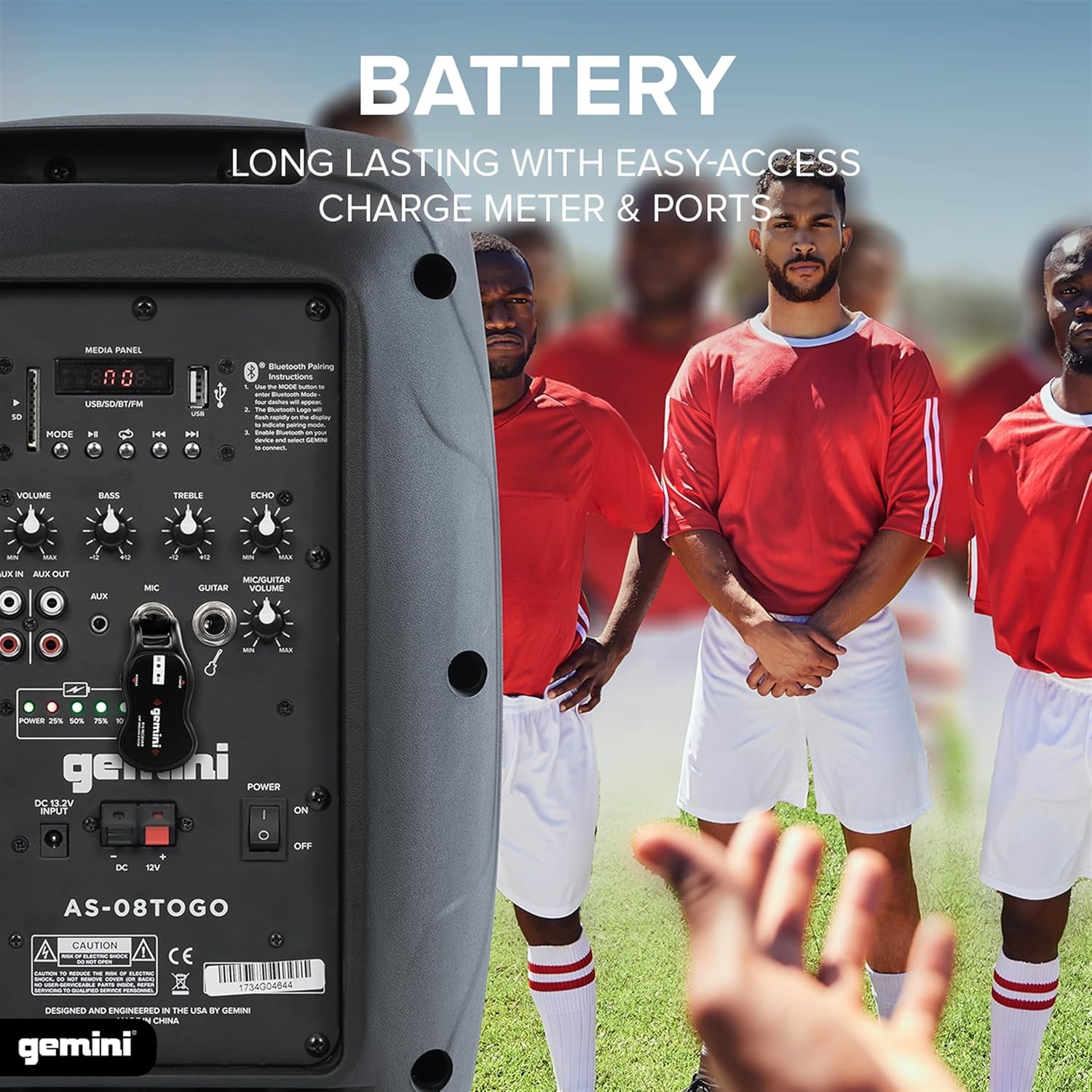 Gemini 8” 500W Wireless Battery-Powered Bluetooth PA Speaker with Mic/Guitar Inputs, Echo, USB/SD/FM – Portable Pro Audio for Performers, Karaoke & Outdoor Events (AS-08TOGO)