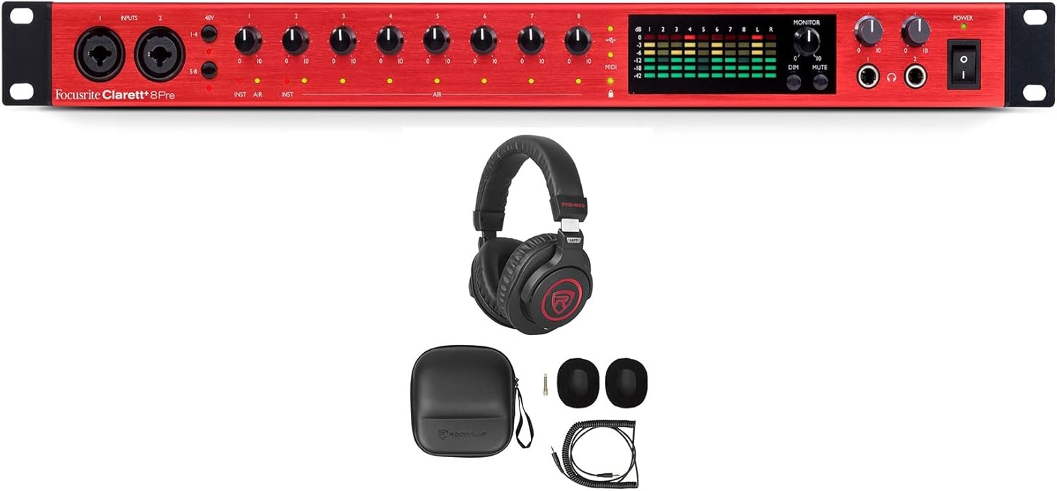 Audiosavings Bundle: Focusrite Clarett+ 8Pre USB-C Audio Recording Interface, 8 Mic Preamps/JFET/ADAT Bundle with Rockville PRO-M50 SR Studio Headphones+Detachable Coil Cable+Case+Ear Pad (2 Items)