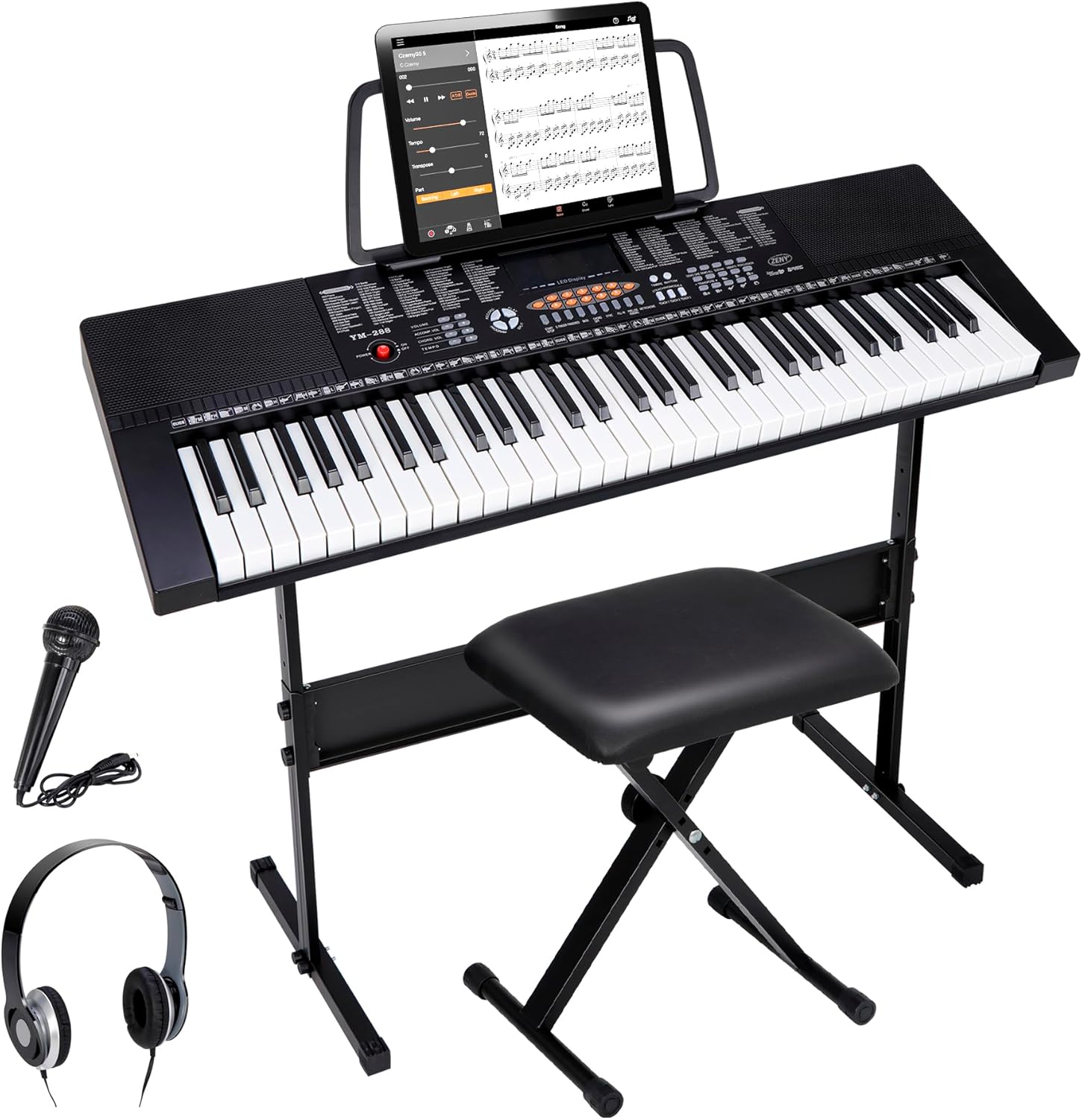 ZENY 61-Key Portable Electric Keyboard Piano with Built In Speakers, LED Screen, Headphones, Microphone, Piano Stand, Music Sheet Stand and Stool