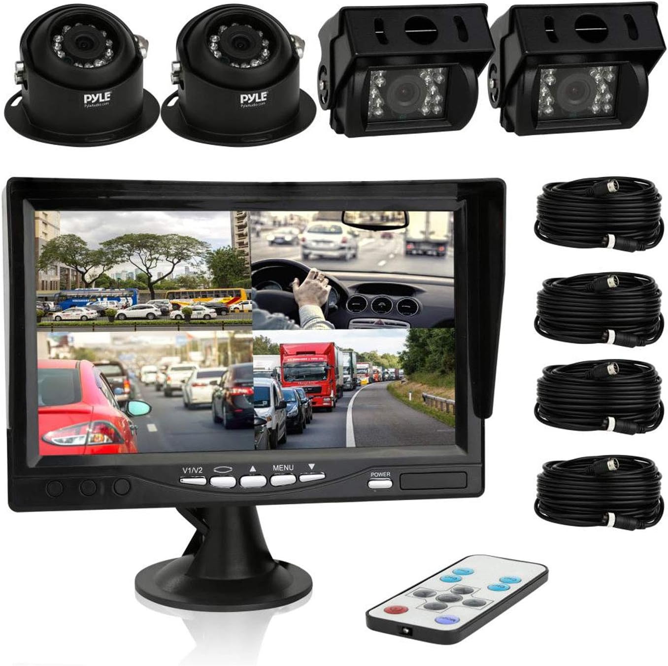 Pyle Car Rear View Camera and Video Monitor, IP68 Waterproof, Commerical Grade, 4 Cameras, Night Vision, 7-Inch LCD Display for Trailer, RV, Trucks, Pickup Trucks, Cargo Vans, etc. (PLCMTRS77),BLACK