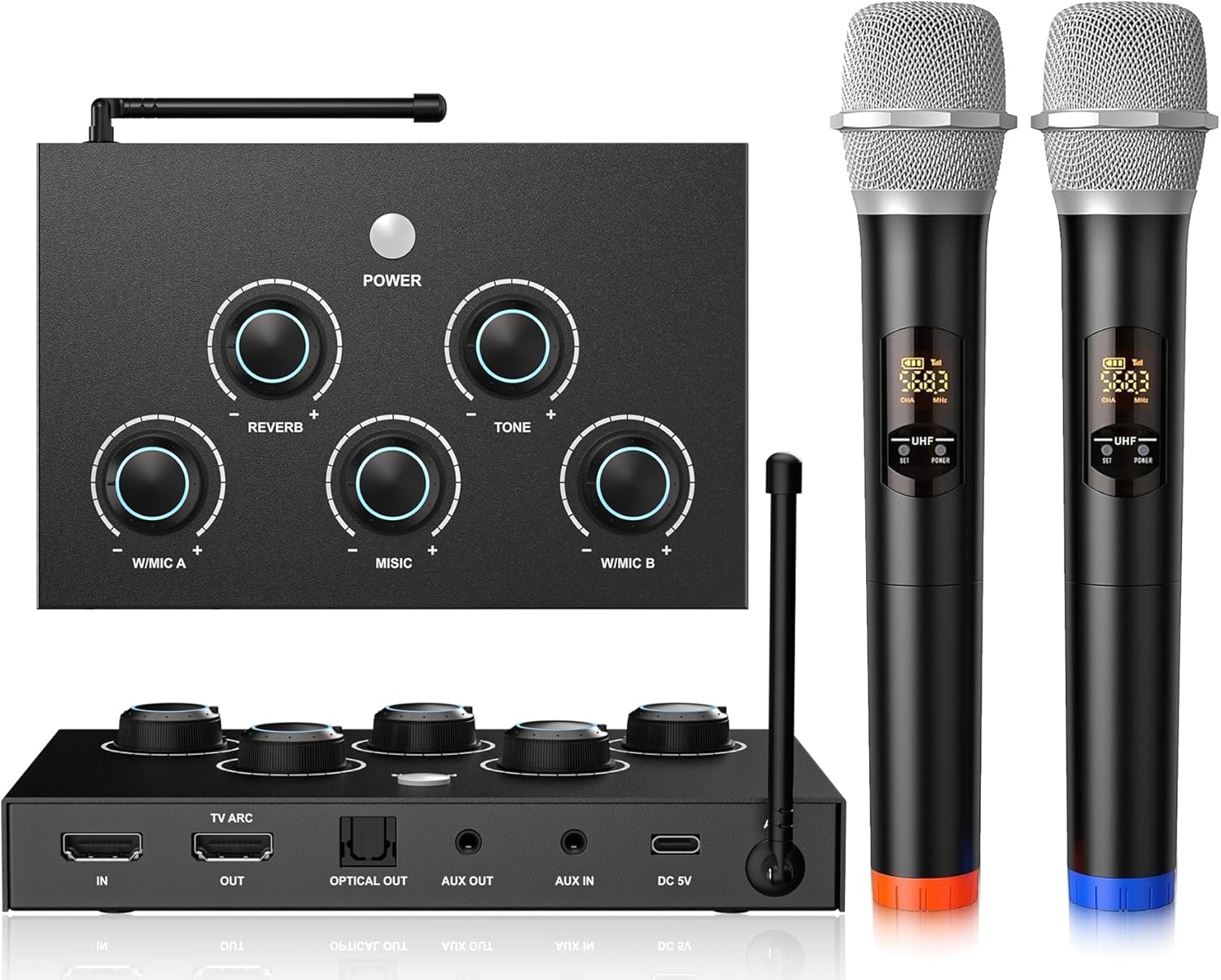Wireless Karaoke Microphone System, Microphone Mixer Dual Wireless Micros, Receiver with HDMI & AUX in/Out, Optical Out, 100ft Range, Karaoke Microphone for TV, PC, Amplifiers, Speakers