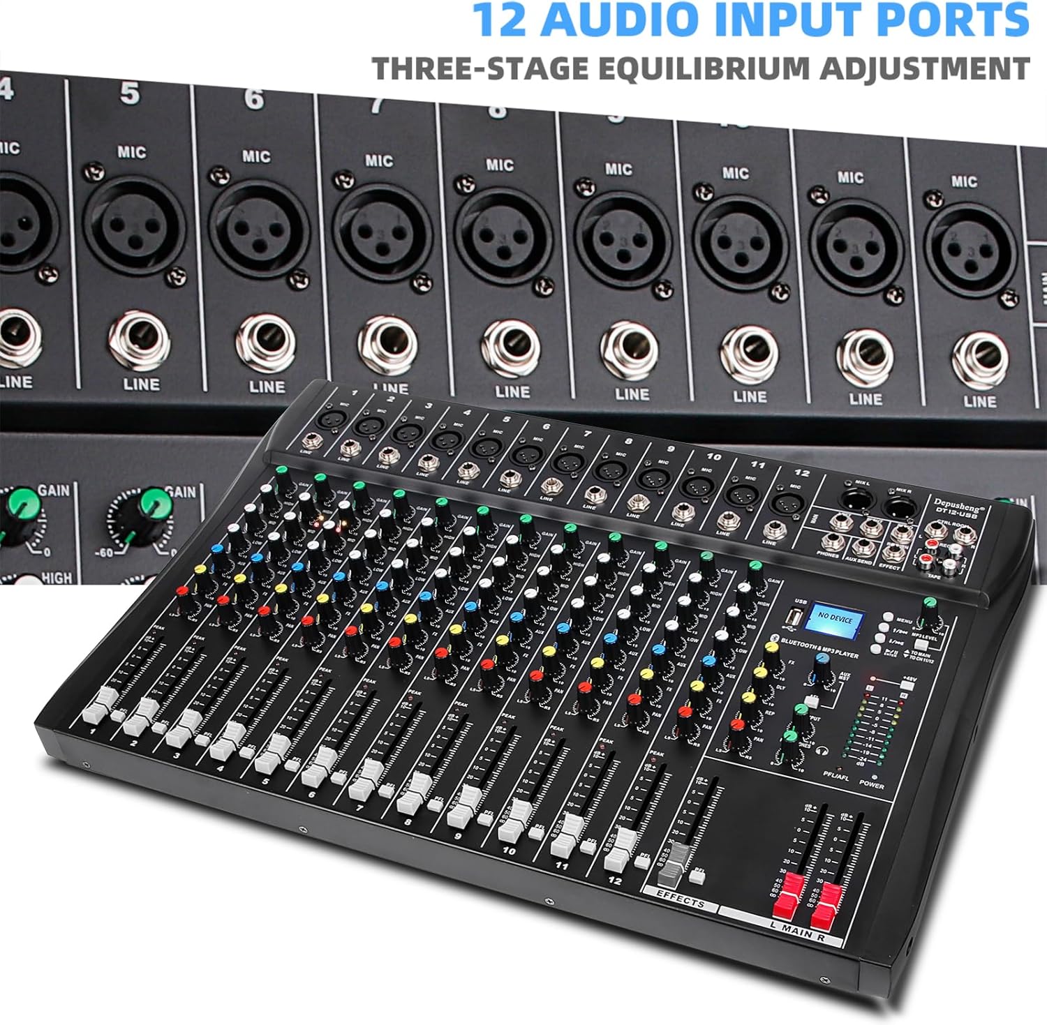 Depusheng DT12 Studio Audio Mixer 12-Channel DJ Sound Controller Interface w/USB Drive for Computer Recording Input, XLR Microphone Jack, 48V Power, RCA Input/Output for Professional and Beginners