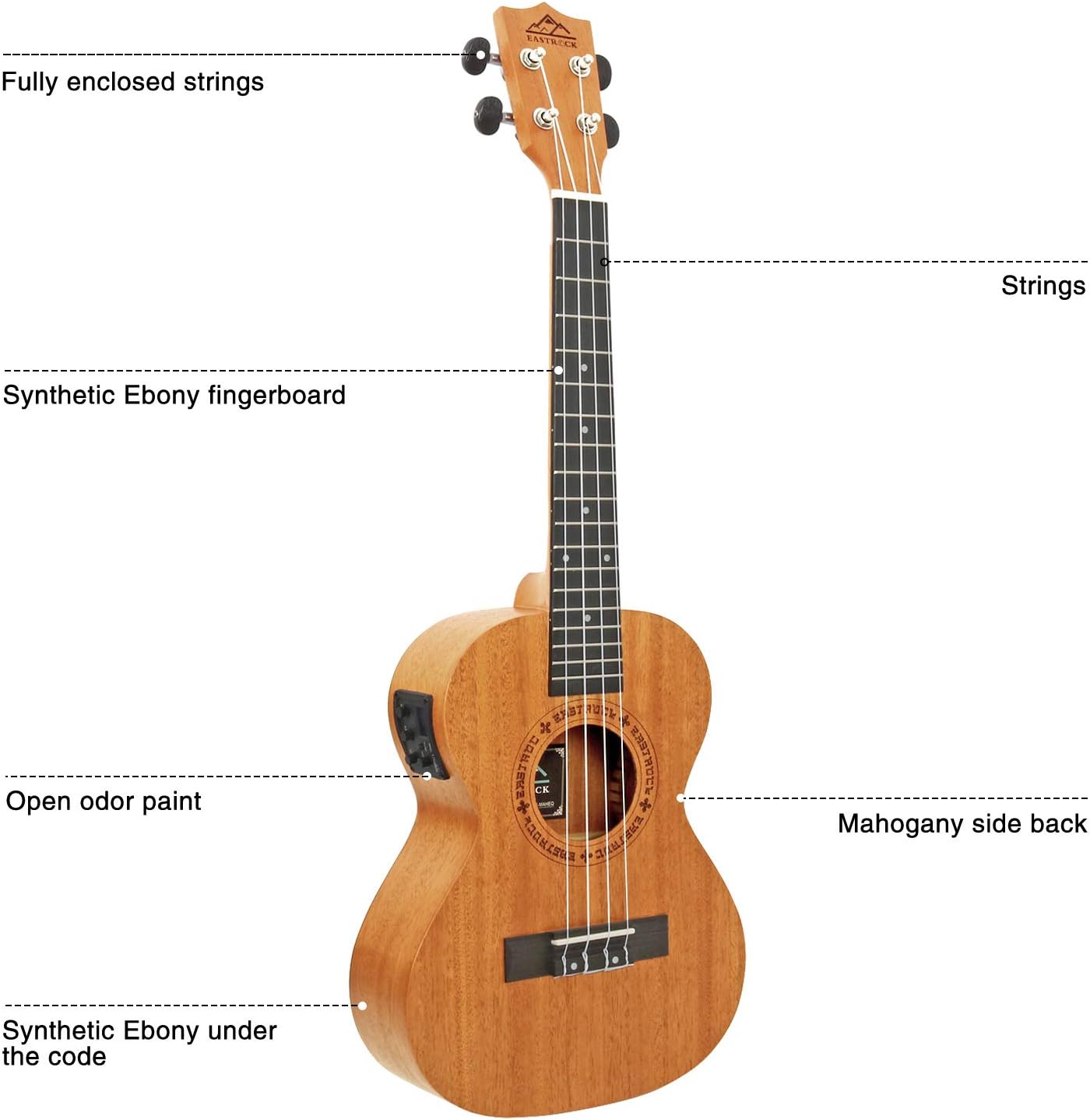 EASTROCK Concert Ukulele Mahogany Beginner Electric Built-in Digital Tuner Ukelele 23 inch Big PackageKit. Ukulele Ukalalee Suitable for adults, Beginners. (23-Mahogany-EQ)