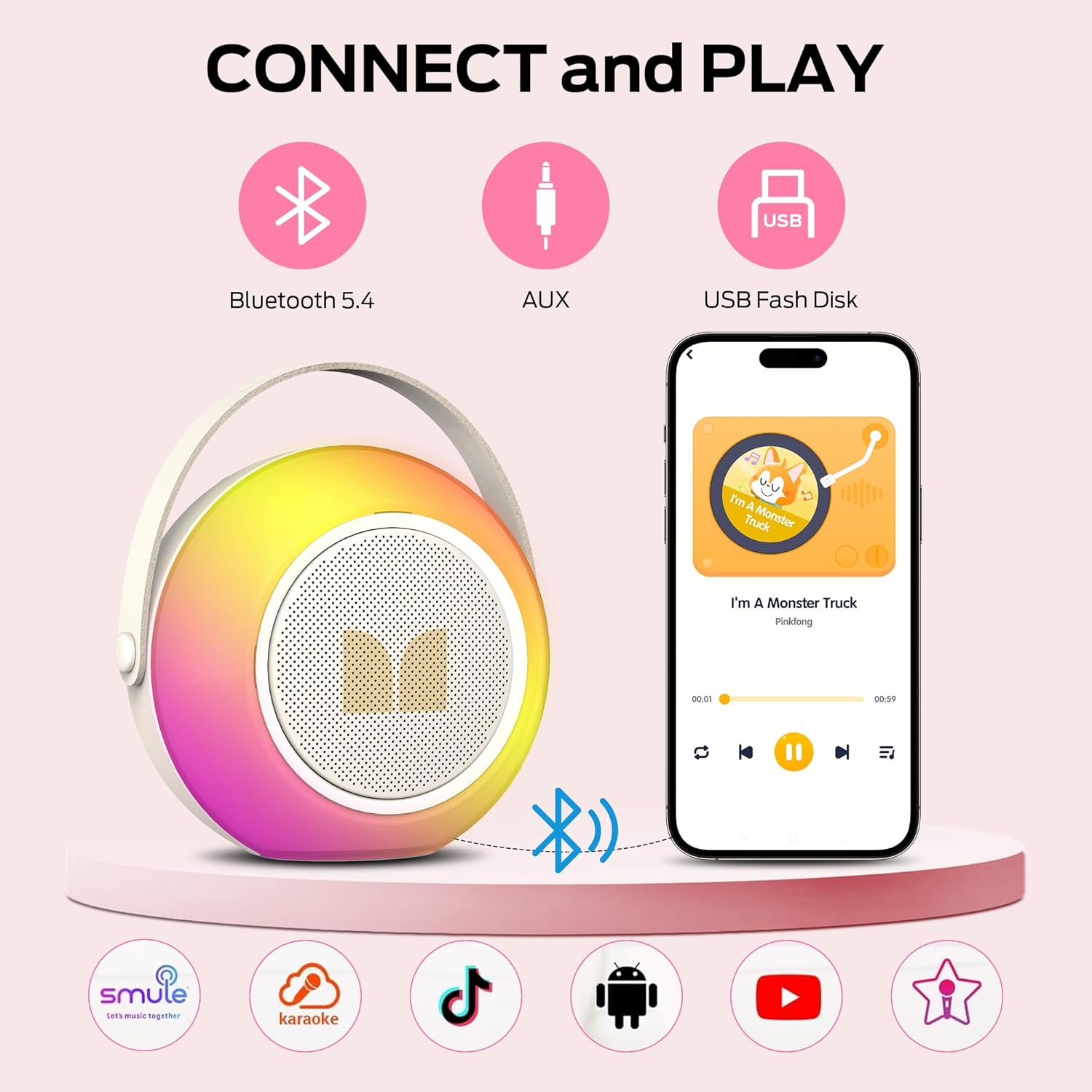 Monster Mini Karaoke Machine for Kids Adults, Portable Bluetooth Speakers with 2 Wireless Microphones and Lights, Christmas Birthday Gifts Toys for Girls Boys 4, 5, 6, 7, 8, 9, 10, 12+ Toddler