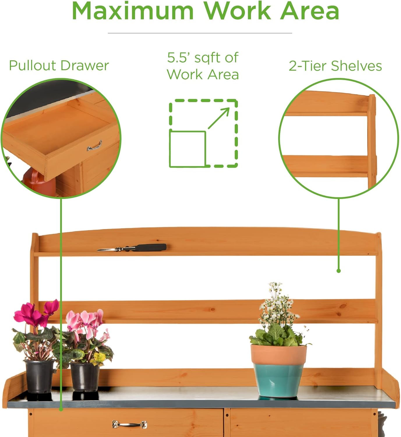 Best Choice Products Outdoor Garden Wooden Potting Bench Work Station w/Metal Table Top, Pre-Stained Finish, Cabinet, Sliding Drawer, Large Bottom Shelf - Brown
