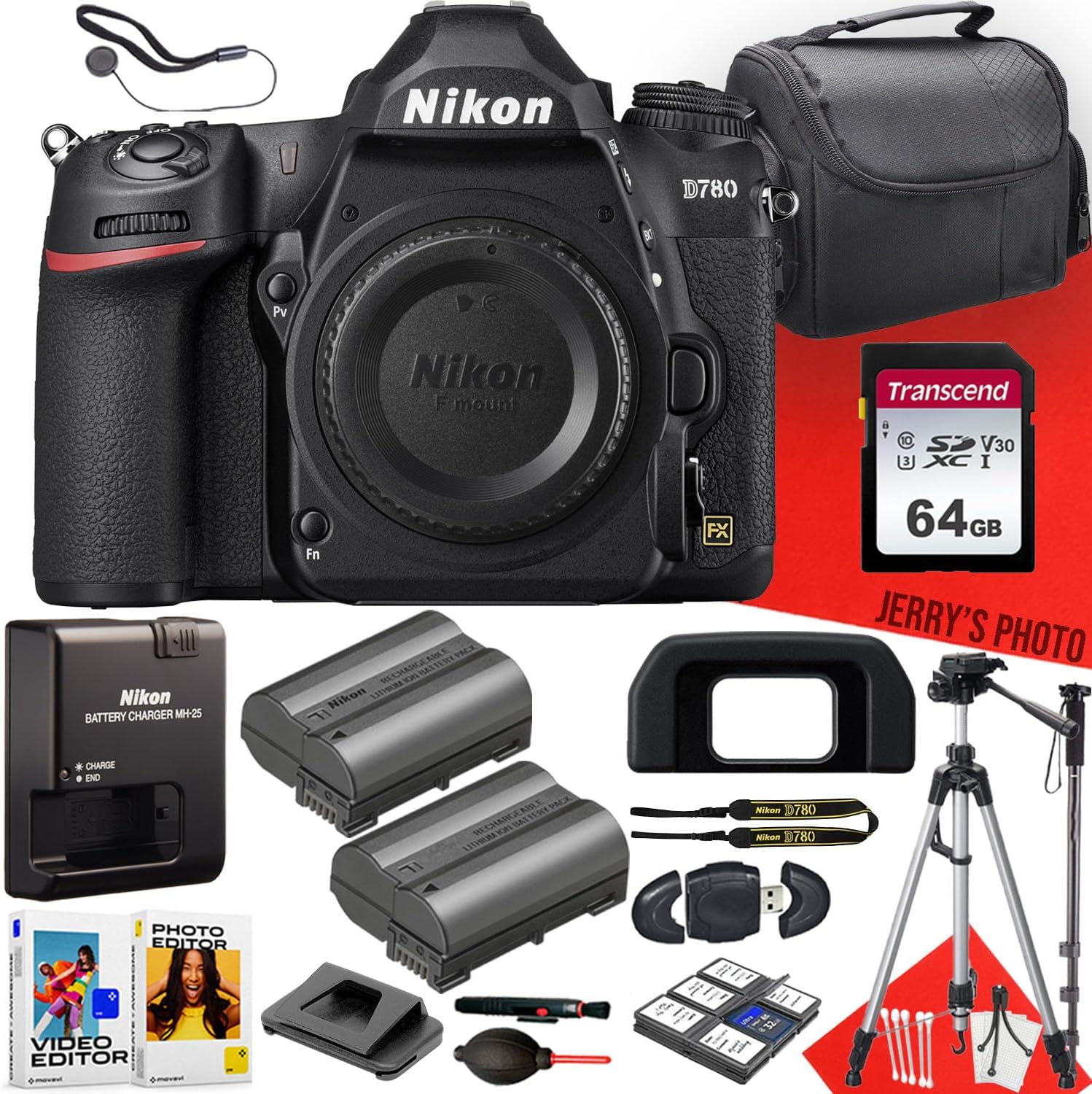 Nikon D780 DSLR Camera (Body Only) + 64 GB Memory + Tripod + Monopod + Extra Battery + Deluxe Cleaning Kit + More (21pc Bundle) (Renewed)