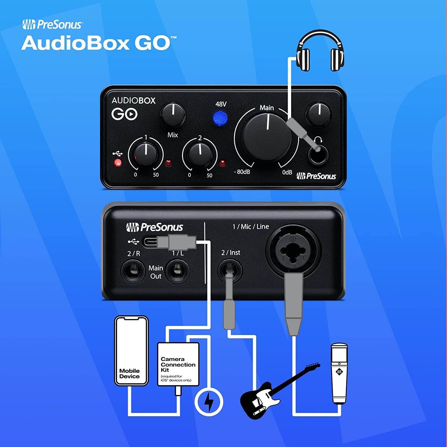 PreSonus AudioBox GO USB-C Recording Bundle with Condenser Microphone Studio Headphones Boom Stand Pop Filter XLR Cable and Studio One Music Production Software