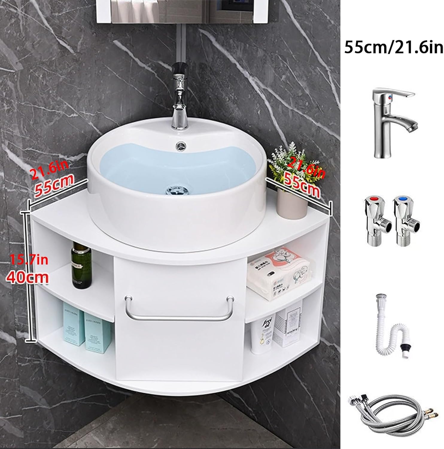 Corner Bathroom Sink, Wall Mount Corner Bathroom Vanity, Ceramic Sink Cabinet with Storage Container, Triangle Shaped Wash Basin for Home,55cm/21.6in