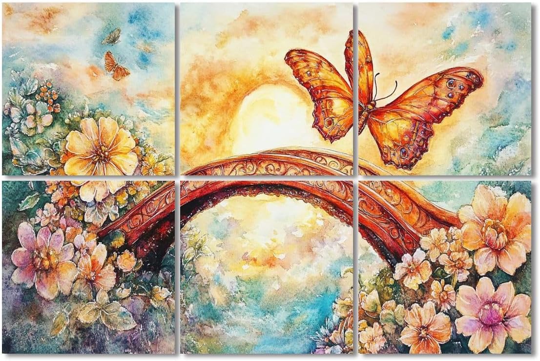6 Pack Art Acoustic Panels Sound Absorbing Bridge Sunset Flowers Butterfly Ornate Clouds Watercolor Vivid Colors Decorative Soundproof Wall Panels Self Adhesive for Recording Studios Office 72