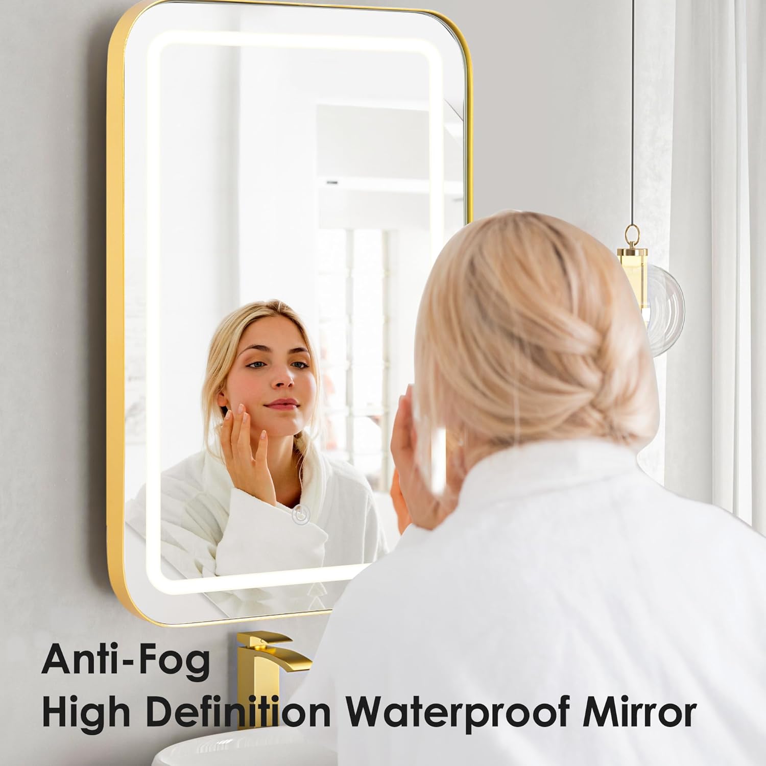 SogesGame LED Medicine Cabinet, 16 x 24 Inch Bathroom Medicine Cabinet with Adjustable Shelves, Recessed or Wall Mount, Wall Mounted Deep Metal Framed Rounded Corner, Gold